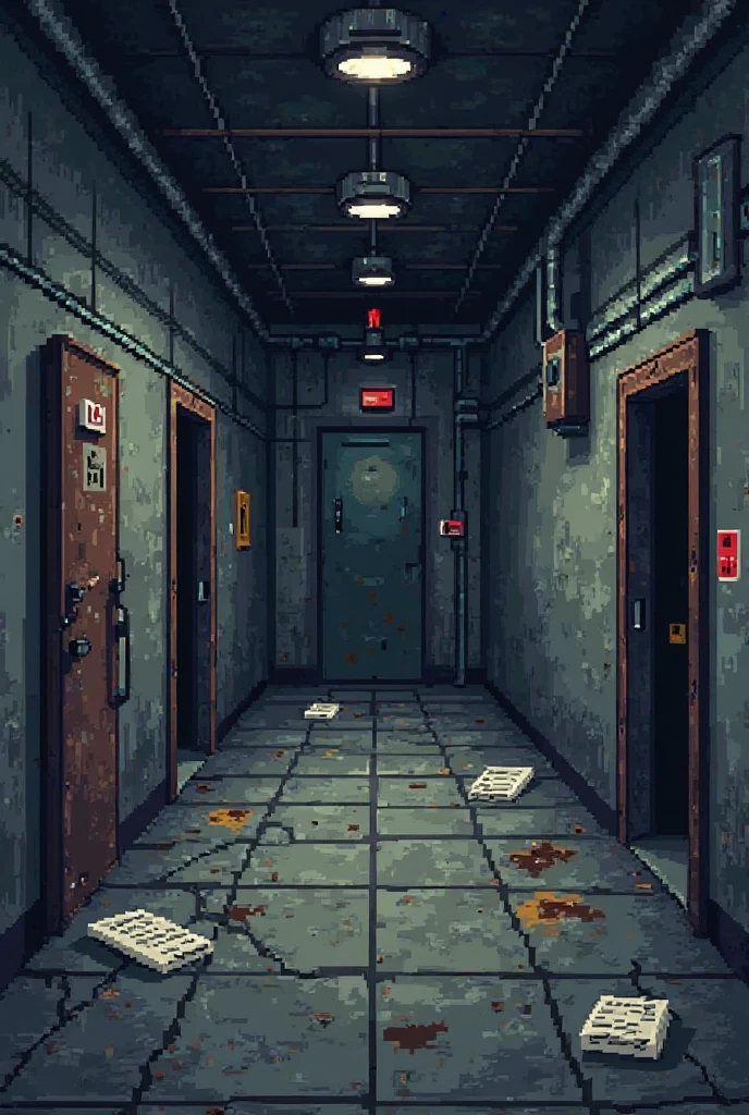 "Create a pixel art scene of a bunker corridor with a dark, abandoned feel. The floor is made of simple, repeating metal tiles with cracks and dirt. Scattered pixelated documents lie on the ground, adding to the sense of neglect. Thick, rusted iron doors with visible bolts and scratches line the hallway, some slightly open. Security cameras, drawn with minimal detail, hang from the ceiling, turned off or broken. The walls feature simple shading with occasional pipes and warning signs, keeping the design clean and readable while maintaining the eerie atmosphere."