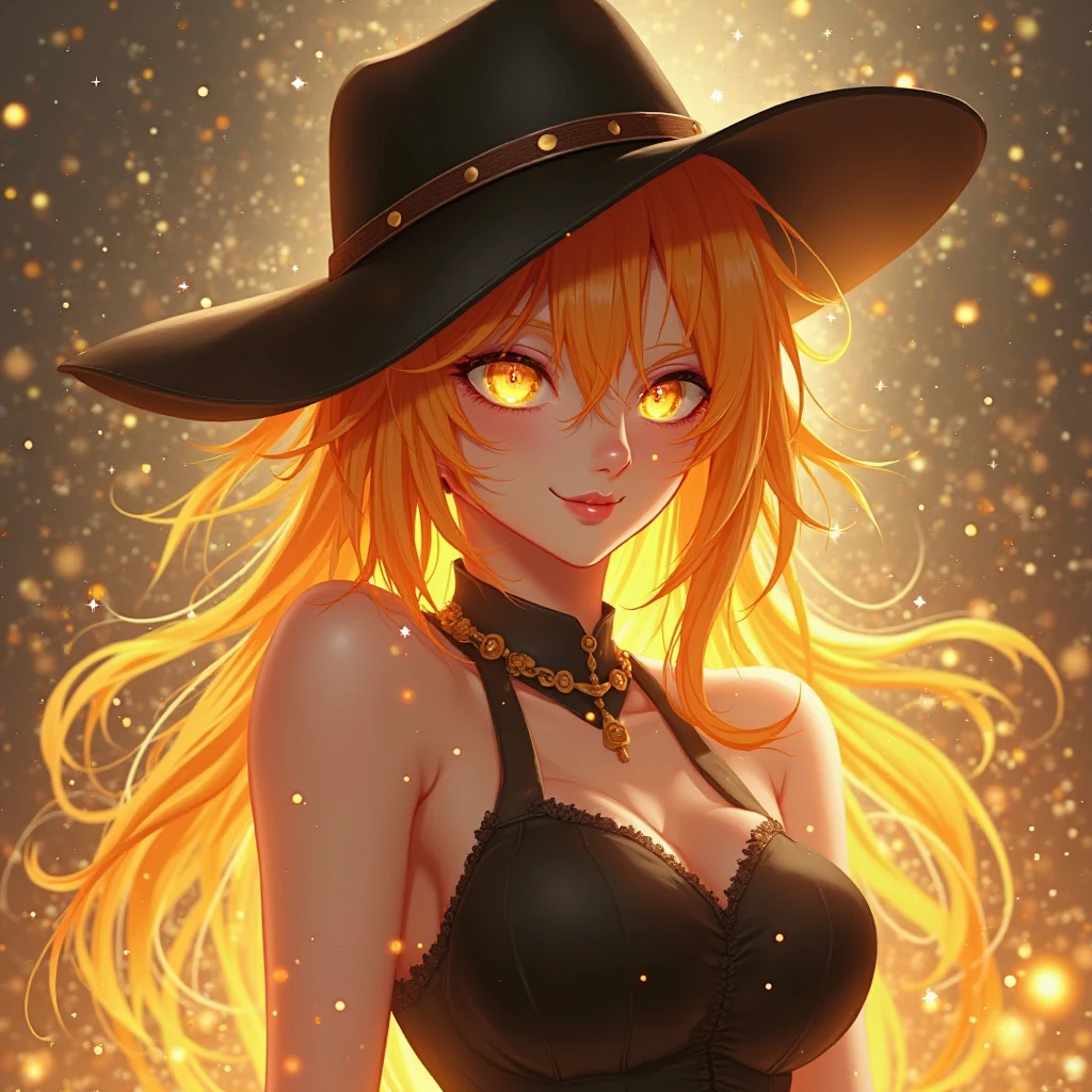  best qualityer, original, extremamente detailded wallpaper, gazing at viewer, photo of a girl&#39;s top infused with magic, wearing a witch costume, altamente detailded, extremamente detailded, intense yellow eyes, orange messy hair, confident grin, detailded, cinematic lighting, aura magica, mystical energy, stary night