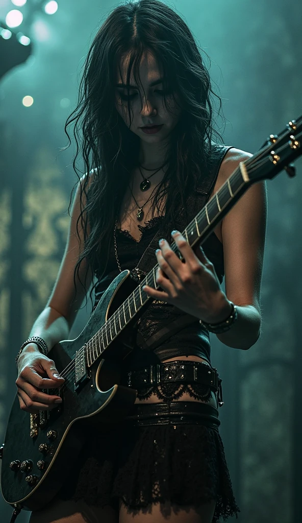 DonMM1y4XL woman, DonMN1gh7XL night,moonlit, electric guitar, filigree, marbled, pockmarked, lost city, biohazard outbreak, f/16, shutter speed 1/60 sec, iso3200,exposure compensation "+3.0 ev" <lora:myLora\DonMN1gh7XL-000006:1.0>, <lora:DonMM1y4XL-v2rb:0.8>
