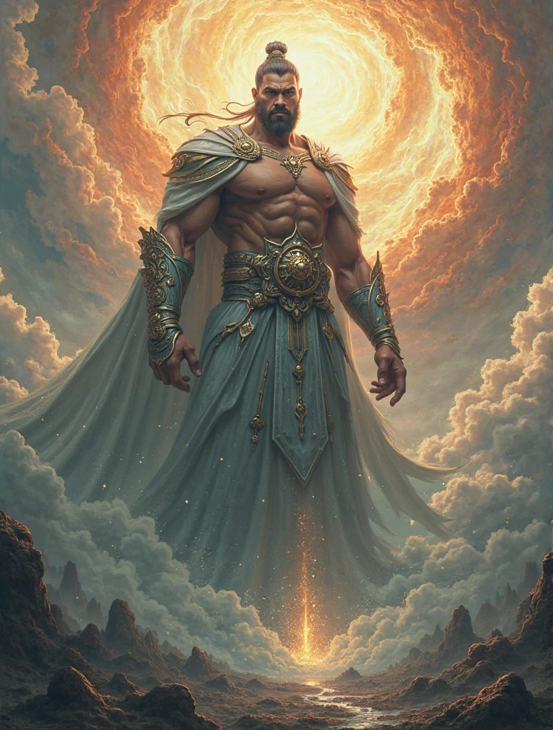 A giant male god from Japanese mythology falling from the sky, face up and with his legs spread apart A composition looking up from directly below Lightning is bursting