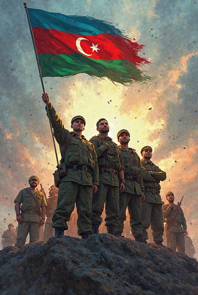 There are almost dying soldiers lying on the battleground. Their spilling blood gathers around together and get into the shape of a strong arm holding turkish flag