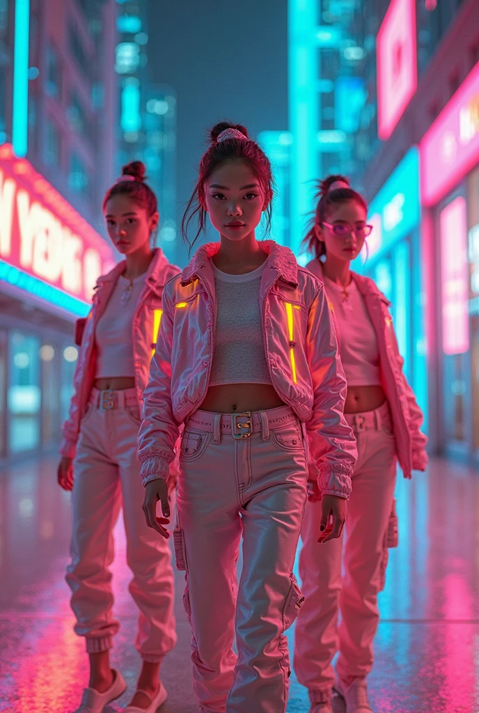Top Quality, Masterpiece, High Resolution, 8k, wide objective, full body shot, ((cute skinny girl in shiny silky puffer outfit with plunging neckline, low dekollete, wide neckline, deep neckline, long pixie asymmetrical hair, bright neon, cyberpunk, night, dim light only from a lantern)) view from far