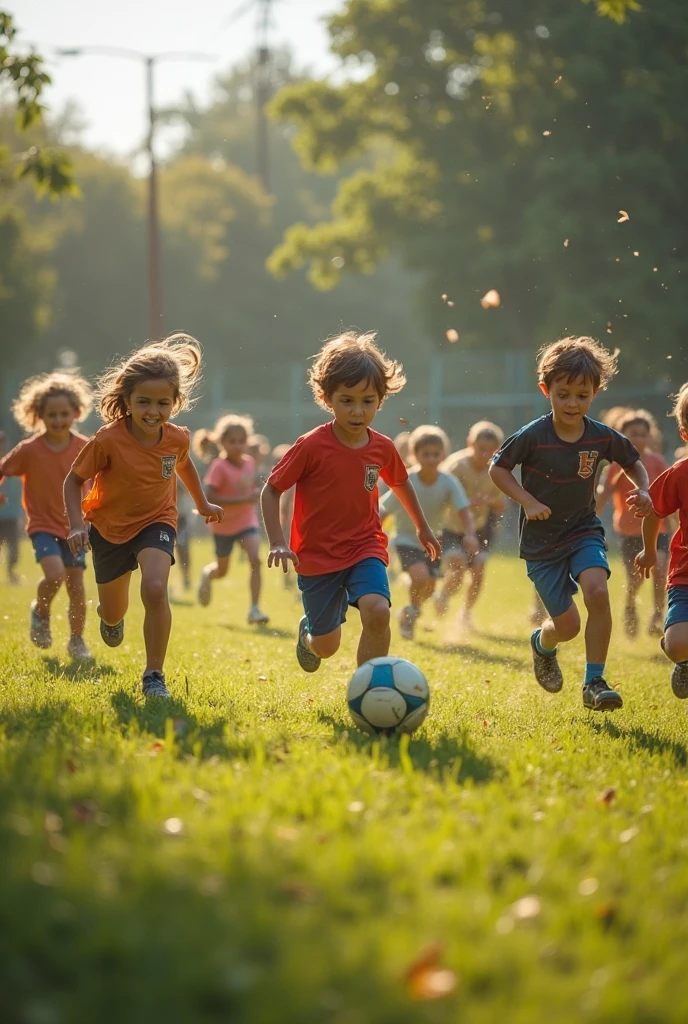 Four children competing on an athletic track, all arriving at the goal at the same time. Among the four children there must be a child athlete in a green uniform with a bull insignia, a child athlete in a red uniform and a dragon insignia, a girl athlete in a yellow uniform with a lion insignia and a girl athlete in a blue uniform with an eagle insignia. In the background the large Olympic rings and the Olympic torch
