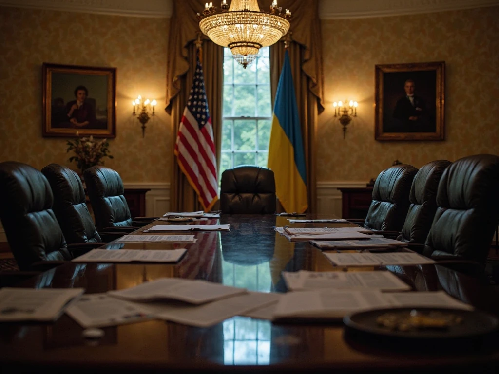 A dimly lit conference room in the White House, with American and Ukrainian flags in the background, empty chairs, and documents scattered on a polished table, capturing the tension of a recently ended high-stakes meeting.