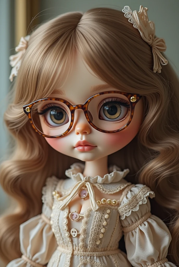 little Blythe doll Pale
with honey hair, brown eyes and transparent glasses
cute animated