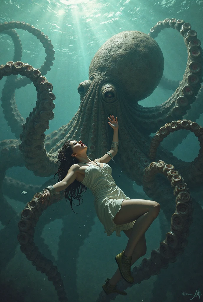 (photorealism:1.2), beautiful woman, fighting with the kraken, winning the fight