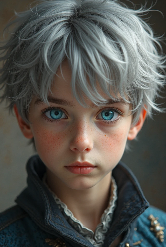 pale emaciated young boy with blue eyes and grey hair