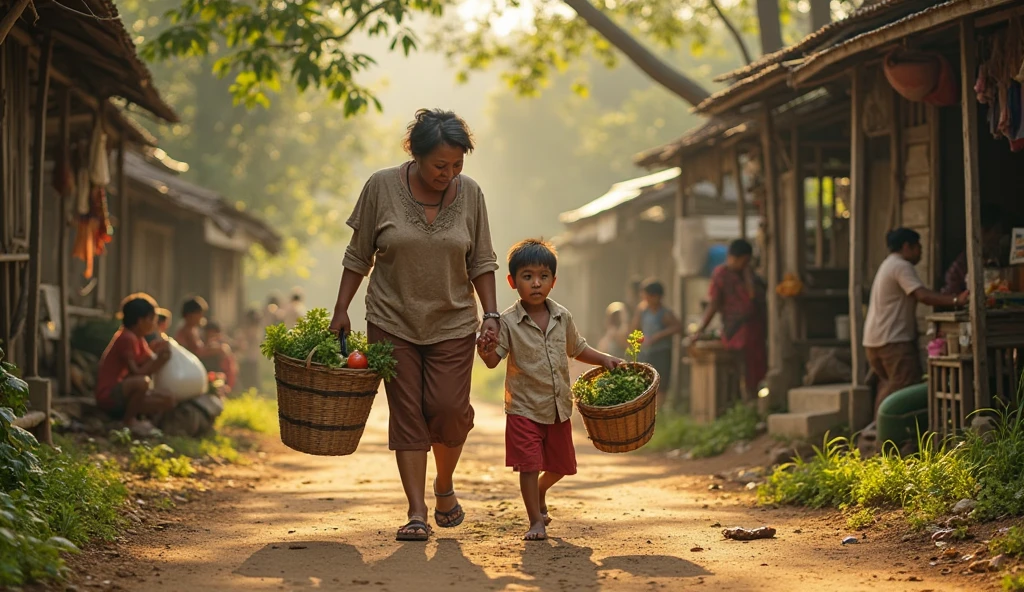 Burmese rural customs, the atmosphere of a rural village, a mother over 40 years old is chasing her son with a stick, her son is running along the village road, there are rows of thatched houses in the surrounding area, a farmer is loading rice on a bullock cart, his 8-year-old son is crying and running away from his mother with an old bicycle tire A common picture of the Burmese countryside,vivid vantage image,