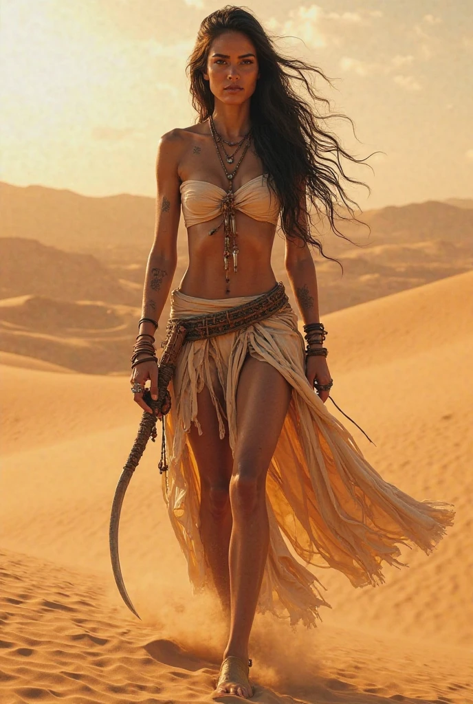 Wide, detailed, realistic cinematographic shot, ancient world disappeared. Desert in the middle of the dunes, slightly red under the early morning sun. Warrior woman, a metal bow, she drags behind her with a long metal chain a large komodo lizard with horns. Typical graceful European woman, elegant, supple figure, short, curly blond hair, light, almost transparent skin. Very far behind her, warriors with black skin, silhouettes, slender naked bodies following her. Young woman dressed in a simple short and light transparent veil. Rising sun, transparent early morning sky, octane colors, the light plays on the transparency of the character's veil.