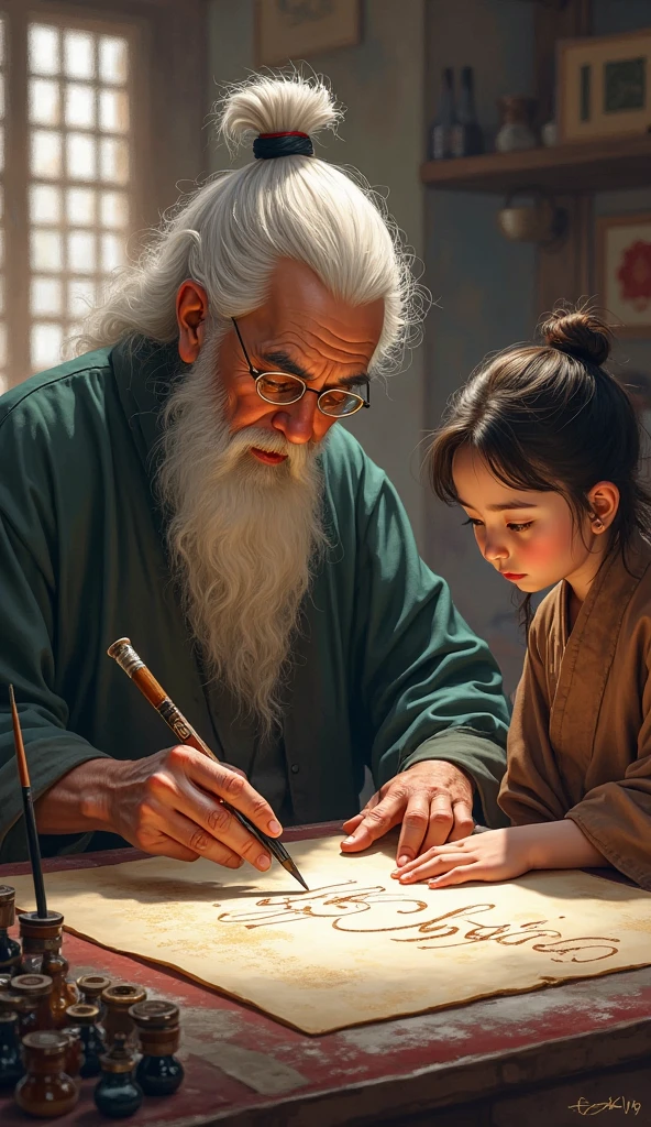 The image includes a wise man and his student.. The wise man was teaching his student knowledge., profound morality. His face was full of wisdom and kindness., hình ảnh cậu bé thông minh, full of studiousness, hình ảnh 4k Cartoon