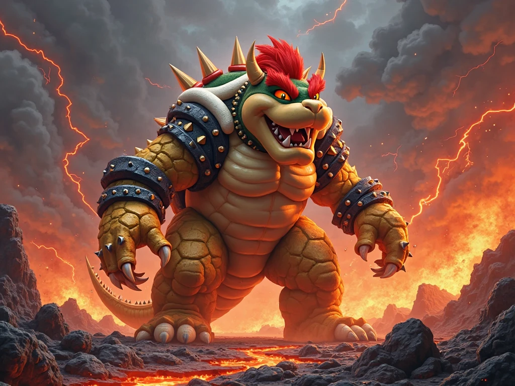 masterpiece, best quality, high quality, highly detailed, extremely detailed 8k wallpaper, hyper-detailed, high resolution, highres, absurdres, intricate detail, extremely detailed
[bowser] with ((blue fire hair)) and (dark blue skin), (([dinosaur|turtle])) [native to a floating island of volcanos]
full body, aggressive beast
(a dark scene lit by glowing magma), chiaroscuro
(angry)
cowboy shot, rule of thirds  <lora:bowser_LoRA320:2>