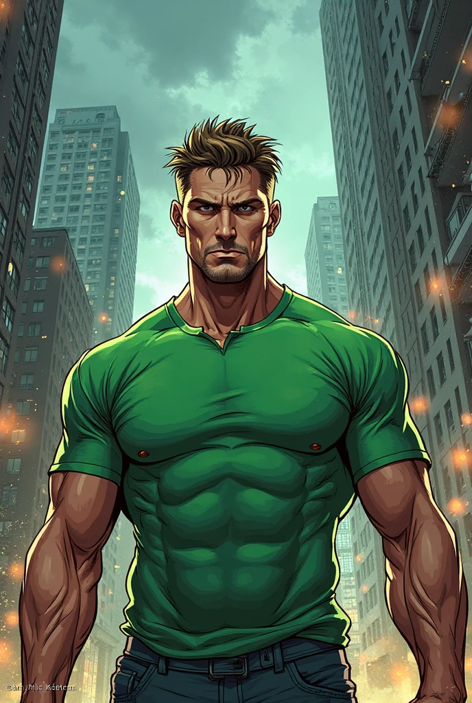masterpiece, best quality, face, natural eyes, 1man, macho man,, muscled and mature, stephen amell as a green arrow wearing totally unbuttoned pants, shirtless , showing nipples sweating, tight cloth showing his muscles and bulge , full body , background city at night