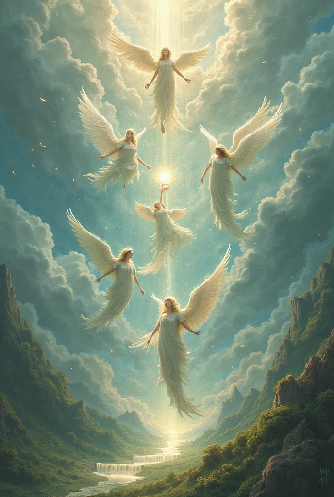 Angels pooring from the chalisses on the earth