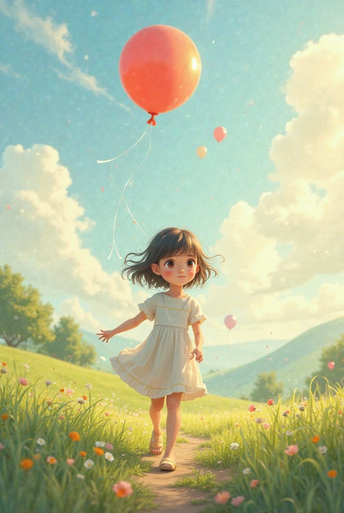 On the round earth、The Earth is round,A small baby is sitting,Back view,,Have braids,Wearing a pink dress,Gazing at the sky