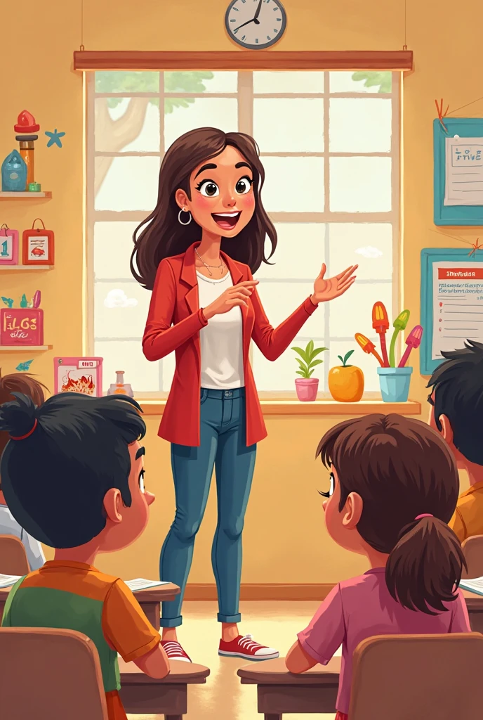 Teacher teaching her students cartoon