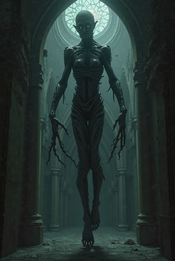 ((best quality)), ((masterpiece)), (detailed), an alien creature, (hr giger inspired), (velociraptor form), pale, milk-white skin, translucent skin, smooth skin texture like a dolphin, no hair, (head like a porpoise), round head, (bulbous head), (xenomorph head), (atrophied eye sockets), (smooth face), (bright prominent gums), (a long tongue like an elephant trunk coming out of the mouth with a squid-like beak at the tip), (protrusions along a skeletal ridged back), (breathing holes on the chest), elongated limbs, a tail that splits into three tentacles, (tentacles with spikes instead of suckers), (walking on long skinny arms), where the legs would be is another set of arms that are used for grabbing, H R Giger, Clive Barker's The Thing, xenomorph, predator, Engineer, dinosaur, sci fi horror, cosmic horror