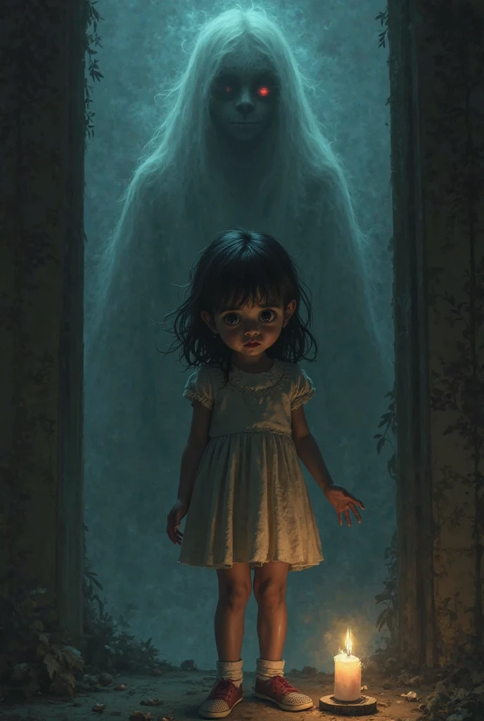An angle from outside the house, showing the bedroom window with the doll raising its small hand in a gesture of farewell. The reflection of the moon on the glass would add a ghostly effect, and the doll's expression must be disturbing, giving the impression that he is aware of his observer
