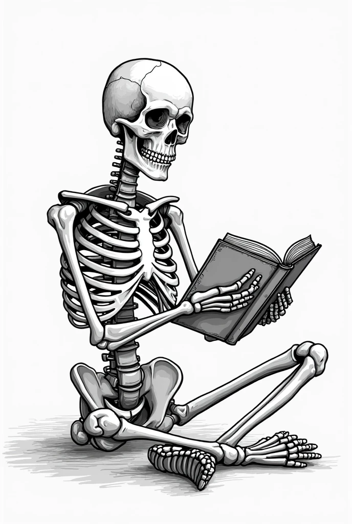 A tattoo image with a skeleton sitting in a chair reading a book. uncolored.