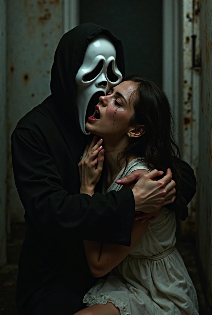 Arafed woman wearing a black dress with a white mask and a black hood., scary look, tumblr, horror vibes, scary pose, horror aesthetic, scary mood, shout out, 🔞🤡, másghost face, Scary style, Scaring, ghost face, scary face, creepy atmosphere, scary ghost, haunted expression, Scarry, tormented and sad expression