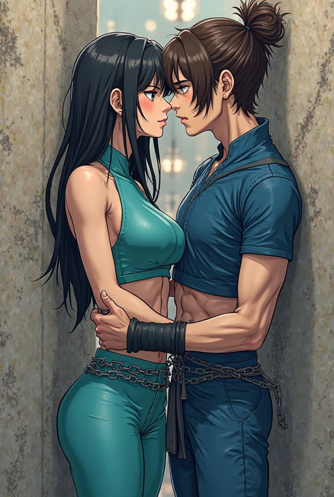 High resolution, highest quality, illustration, super detailed, a woman with black hair, dressed in a relatively revealing costume, holding a young man with an arrogant expression