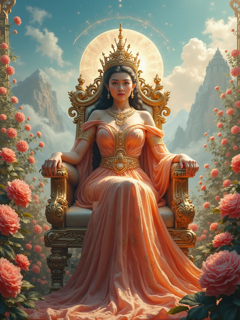 A beautiful woman dressed in sexy red clothes with a gold crown and she was sitting cross-legged on a large rock in the middle of the river., in his hands he holds a red rose and a golden trisulaweda stick, and the scenery around many ancient temples, she is like a woman from the ancient archipelago kingdom, her face is very beautiful