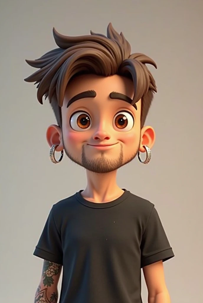 A young man, Child boy, with short brown hair shaved on the sides, small hoop earrings, square face, and brown eyes, wearing a black t-shirt collar, one arm closed with a tattoo, 3d cartoon, looking straight ahead.