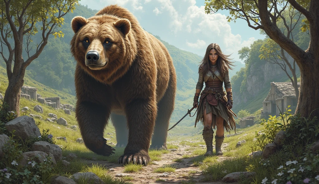 A, beautiful Russian woman model in a loin cloth and top, riding on the back of a standing bear in snow, snow, snowy mountain tree forest background, perfect female rider anatomy, four perfect bear legs, extreme detail, high resolution photo quality, 36k resolution