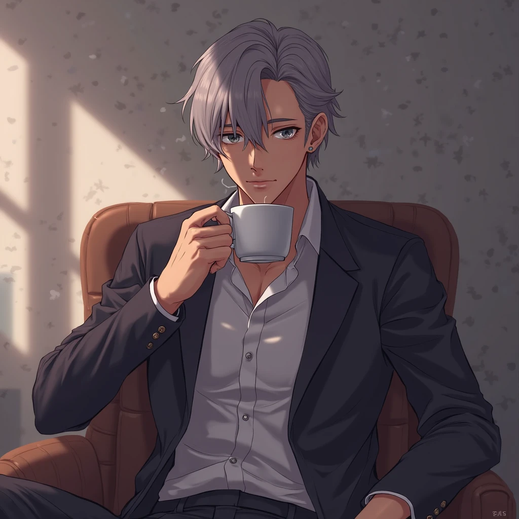 Make the character of jujutsu kaisen saturu gojo drinking a coffee