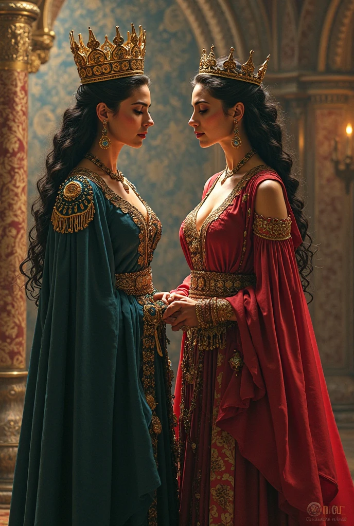 Photo brute, femme 25 ans, Image up to the size in the center of the composition, ((long,rouger, curly hair)), yeux bleus, hautain, salope, arrogant, embroidered with gold from the early Middle Ages (Dark Red Moroccan Kaftan Dress) avec long, grand, Manches droites spacieuses, in a medieval castle, blurred background, 8K UHD, dim lighting, hiquality, grain du film, Fujifilm XT3