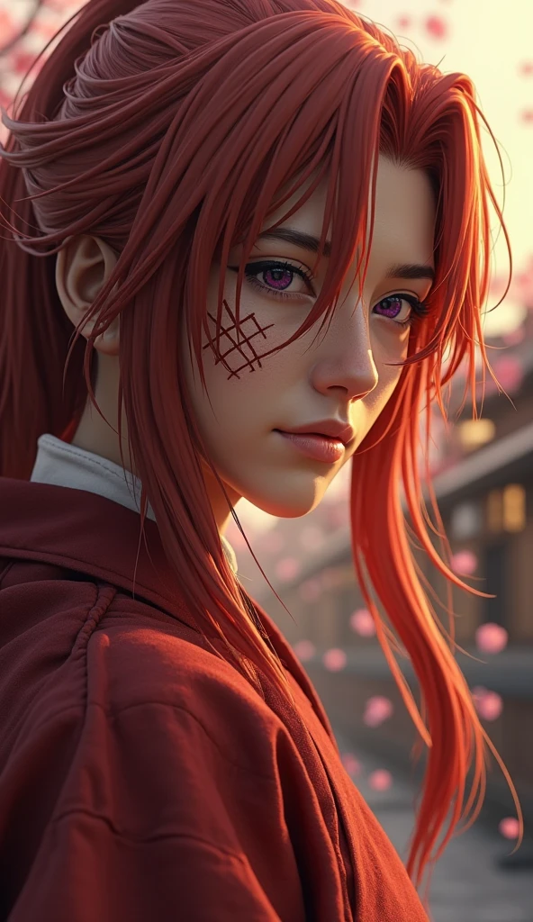Kenshin Himura（Sword Sai）、Portraiture、Highly detailed eyes and face、samurai、Sharp look、Flowing red hair、A look of determination、Traditional Japanese Clothing、Depicted in a dynamic pose、Soft Ambient Lighting、Bright colors、Bamboo forest background、X mark on face、X mark on left cheek、The x mark on the face is dark、The x mark on the face is large