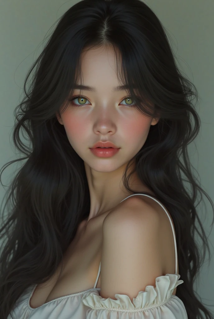 Girl with black hair 3a green eyes with black long sleeve t-shirt