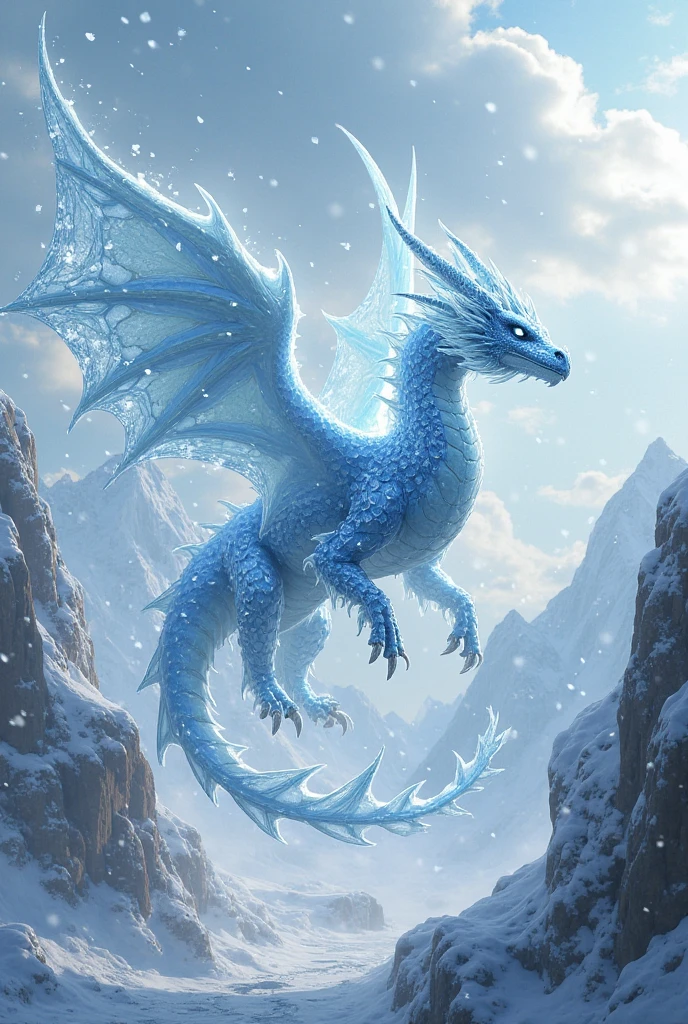 Better Quality, Raw work, Ultra-detailed, RAW Photos, (Realistic:1.4), Fantasy World, A magnificent white dragon soared into the sky. Its huge wings, Like a sheet of shining frost, Effortlessly carried it into the air. Its scales were bright and pure white., Sparkling with an otherworldly brilliance that reflects light like a thousand diamonds.Dragon's Eye, Cold and blue as glacier ice, It held a hint of ancient wisdom and compassion.. Its long, A supple body、Gracefully curved to glide, and its tail, Decorated with sharp, icicle-like spikes, Driven backwards like a frozen comet.With each beat of its wings, The dragon exhales an icy breath、It crystallized into intricate patterns of frost in the air.. It was a creature of power and grace., Guardian of the Frozen Realm, And in the sky,、It filled the hearts of all who saw it with both awe and amazement.. europian style, Faint lighting, night, Depth of written boundary