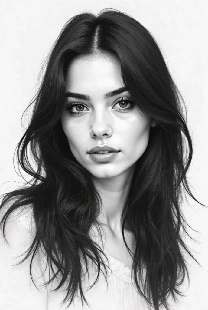 a black and white photo of a woman with long hair, deviantart artstation cgscosiety, mert and marcus, large breasts, filthy hair, enigmatic!!, loosely cropped, pandemonium, beautiful long brown hair, electrifying, ((portrait)), hypnotising, foxy, intricate beautiful faces, p cattaneo, hedonism