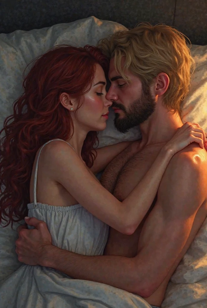there is a man and a woman, deitados, perfect arms, perfect hands, cuddled asleep, mulher com seios grandes, decotada, Phil Noto e Rebecca Guay, Commission for High Res, fanart detalhado, fanart requintada altamente detalhada, Artgerm e Genzoman, Phil Noto e James Jean, fanart oficial, por Kamagurka, ele a segura enquanto ela dorme, fanart de alta qualidade, Reylo beijando, perfect arms, perfect hands,