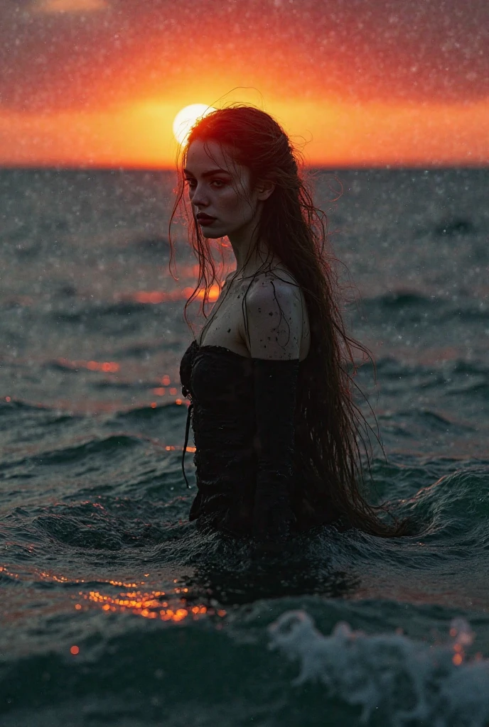 English woman,skin fair,sparkling green eyes,dark purple hair,black greek dress goddess,coming out of the black sea,cinema image,品質,full body images,detailed