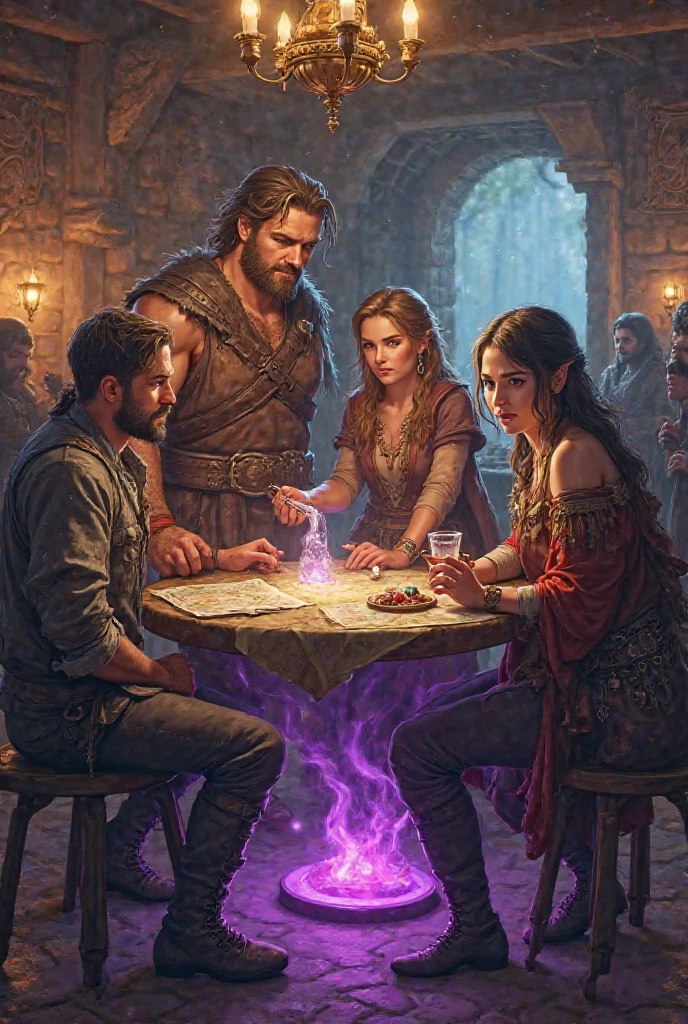 Four adventurers , Barbarian , elf bard gnome alchemist and sorceress appear in the tavern and under their table with a purple glow