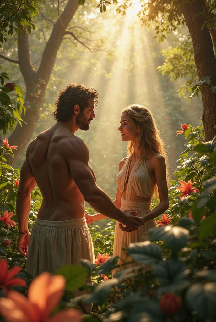 (best quality,4k,highres,masterpiece:1.2),detailed representation of Adam and Eve in the Garden of Eden,photorealistic,classic art,portrait,landscape,romantic scenery,natural lighting,warm tones,serene atmosphere,expressive faces,historical interpretation,subtle brushstrokes,vibrant colors,historical accuracy,gorgeous nature,Nature,grandeur,peaceful setting,beautiful lush garden,tree of life,exquisite botanical details,harmony between humans and nature,fascinating wildlife,captivating composition,dreamy ethereal feel,sunlight streaming through leaves,rich textures symbolizing fertility and abundance,tender and caring interaction between Adam and Eve,playful animals flirting with the couple,gentle breeze caressing the lush greenery.