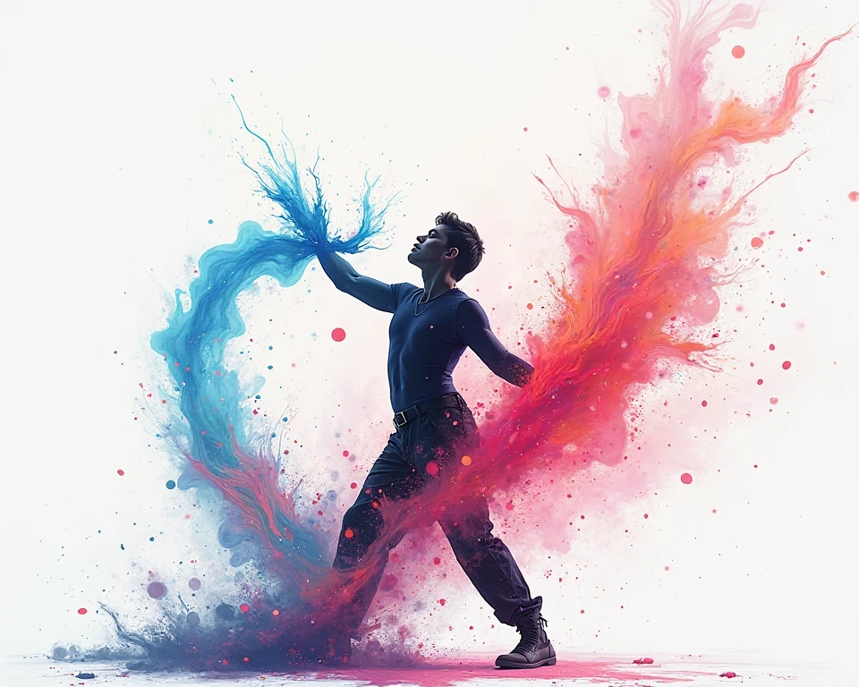 Un danseur homme qui dans la discipline de danse Krump tout en ayant de la peinture sur ses mains. Il envoie la peinture sur un tableau de toile grâce à ses mouvements de Krump.