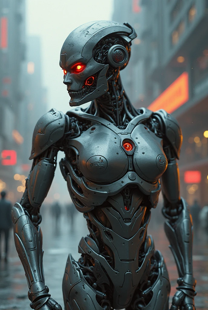 Create an image of an evil robot I want it to be more evil with breasts 