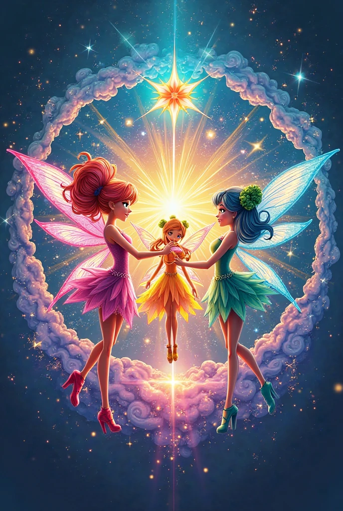 Smiling angels piling up gems on Venus, shining planets, space, mysterious stones that shine in rainbow colors, mysterious