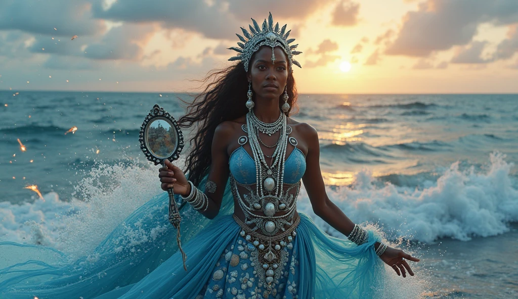 highly detailed, 8k, masterpiece, 1girl, afrofuturistic mermaid, long deadlock_hair, opulent jewelry, radiant_smile, (perfect_face), detailed_glorious_underwater_background, full_body, bloom,(beautiful lighting:1.3), caustics, dynamic lighting, from_below