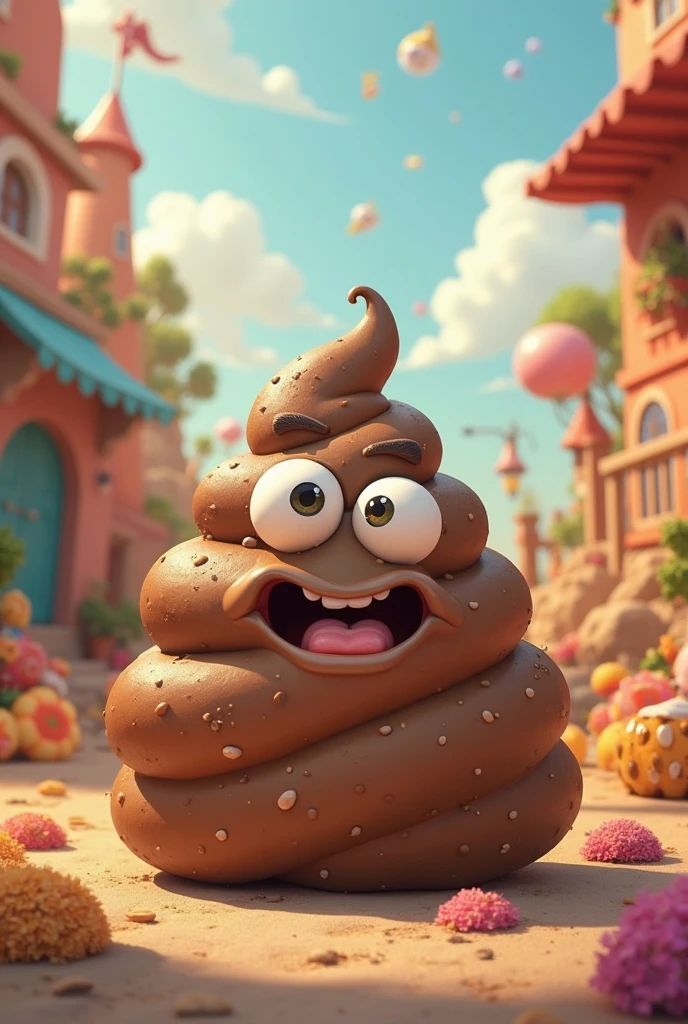 Make me a beautiful notebook cover of a giant brown poop emoji with gold and glitter in a fantasy style full of sparkles Chocolate donuts and sparkles Also add candies and sweets Make it professional