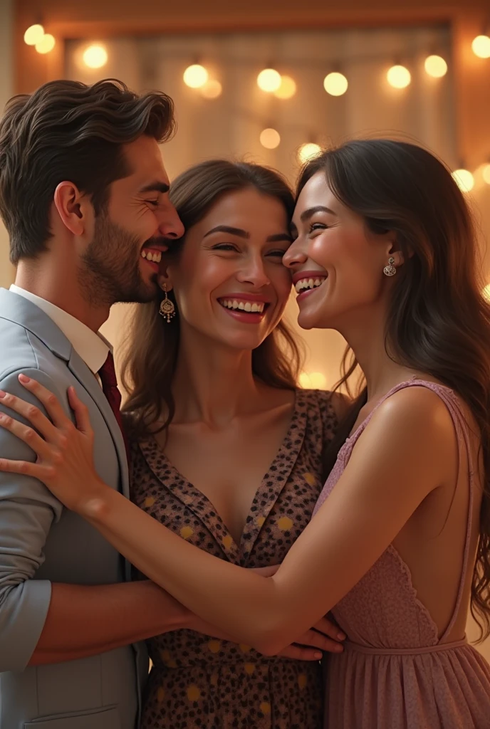 A handsome guy is lifted up by 4 beauties