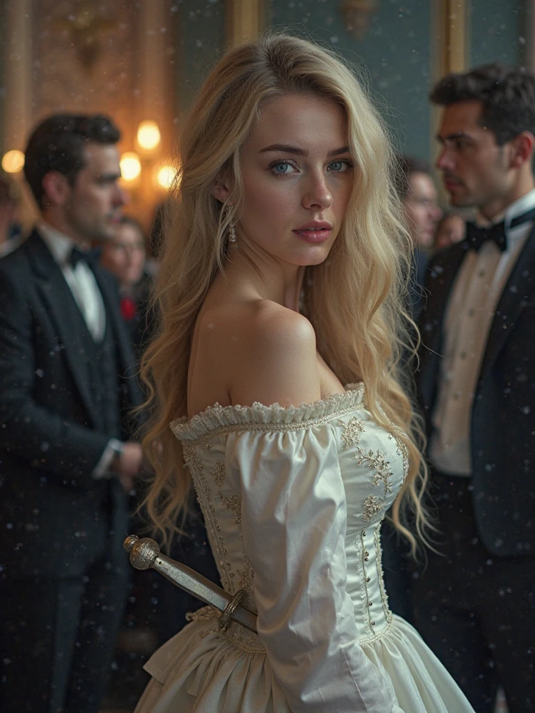 cinematic lighting, Bright dark, ray tracing, Mixing, hyper-realism, hasselblad, 85mm, f/1.8, Photo at eye level, multiple views, First person view, best quality, artwork, anatomically correct, texturized skin, There is a blonde maid ((12 year old:1.5)), perfect skin, skin with fine pores and velvety, long lace ruffle, (Off-the-shoulder French maid dress, short petticoat: 1. 3), (very long and wavy blonde hair : 1.2), Waist slender, her outfit emphasizes her Waist slender, fine legs, skinny figure, naked legs, garter, ((next to an elderly man who puts his hand on the girls legs)) ((neckleace. exposed breats:1.6))near the town of Martin in Slovakia there is a natural gravel lake where people go swimming. I want a young girl on these lakes who asks for sex with her body and poses