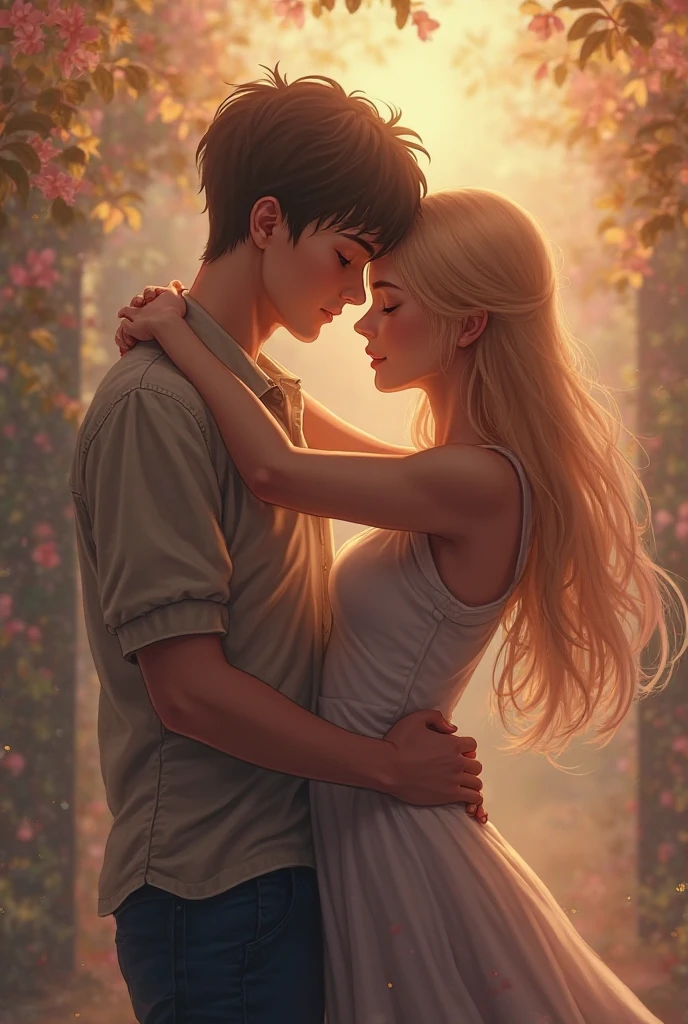 Fais une page de couverture entre un lycéen et une professeure. Le garçon est ténébreux, moqueur, sans sentiments et fait parti d'une bande de potes qui est craint par le lycée. Il a les cheveux blonds dorés et les yeux marrons cassants. Et la professeure a les cheveux noisettes-cacahuètes aux yeux bleus oceans. Elle a un douloureux passé mais elle est douce et sensible. Ils vont se rapprocher parce que la professeure lui fera du tutorat. La professeure a 23 ans et le lycéen en a 16. Le garçon est habillé d'un tee-shirt blanc et d'un pantalon en cuir. Il est très beau. Sinon tu peux faire quelque chose avec un livre où sur un côté il y a des fleurs fanées qui représentent le garçon et des fleurs plus jolies qui vont éclorent pour représenter la fille. Mais fait quelque chose de vraiment, qui donne envie de découvrir le livre. Que dans cette romance, il n'y a pas que le bonheur mais aussi la douleur.