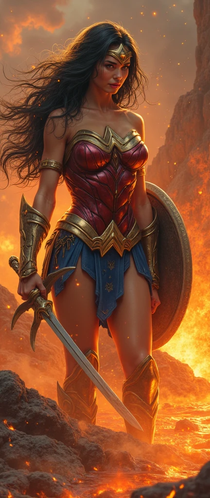 Wonderwoman, young, beautiful, voluptuous, open cleavage, standing in front of a raging fire, sword in hand, by Louis royo, Boris vellejo, Frank frazetta