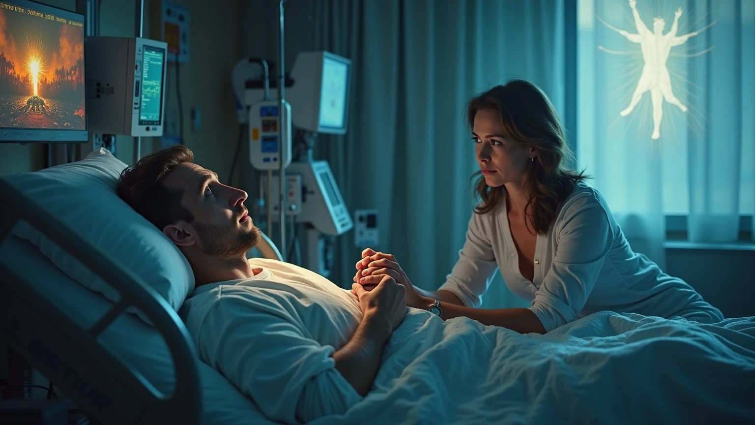 man holding hand of woman at hospital bed