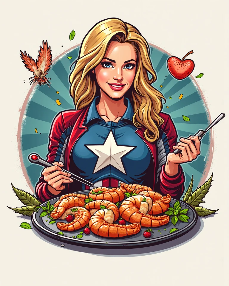 a woman with orange long hair, blue eyes light skin wears a W necklace on the neck , pregnant and next to her peach fruits should be delicious, and she should be dressed in red she should hold a gun and there should be a bit of blood on it