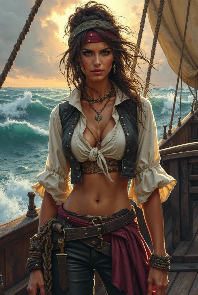 A female pirate on a combative ship with pistols and a saber with sunshine
With a big text written
L'APHRODISIAQUE
