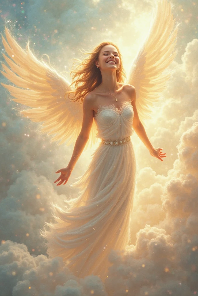 ((Highest quality)),(Ultra-high resolution),(Ultra-detailed),(Detailed depiction),((Best Photos)),(A masterpiece of art),Ultra-detailed art,The art of astonishing depiction, (1 Female Angel:1.5),Laughter,Spread your wings,Spread your wings羽